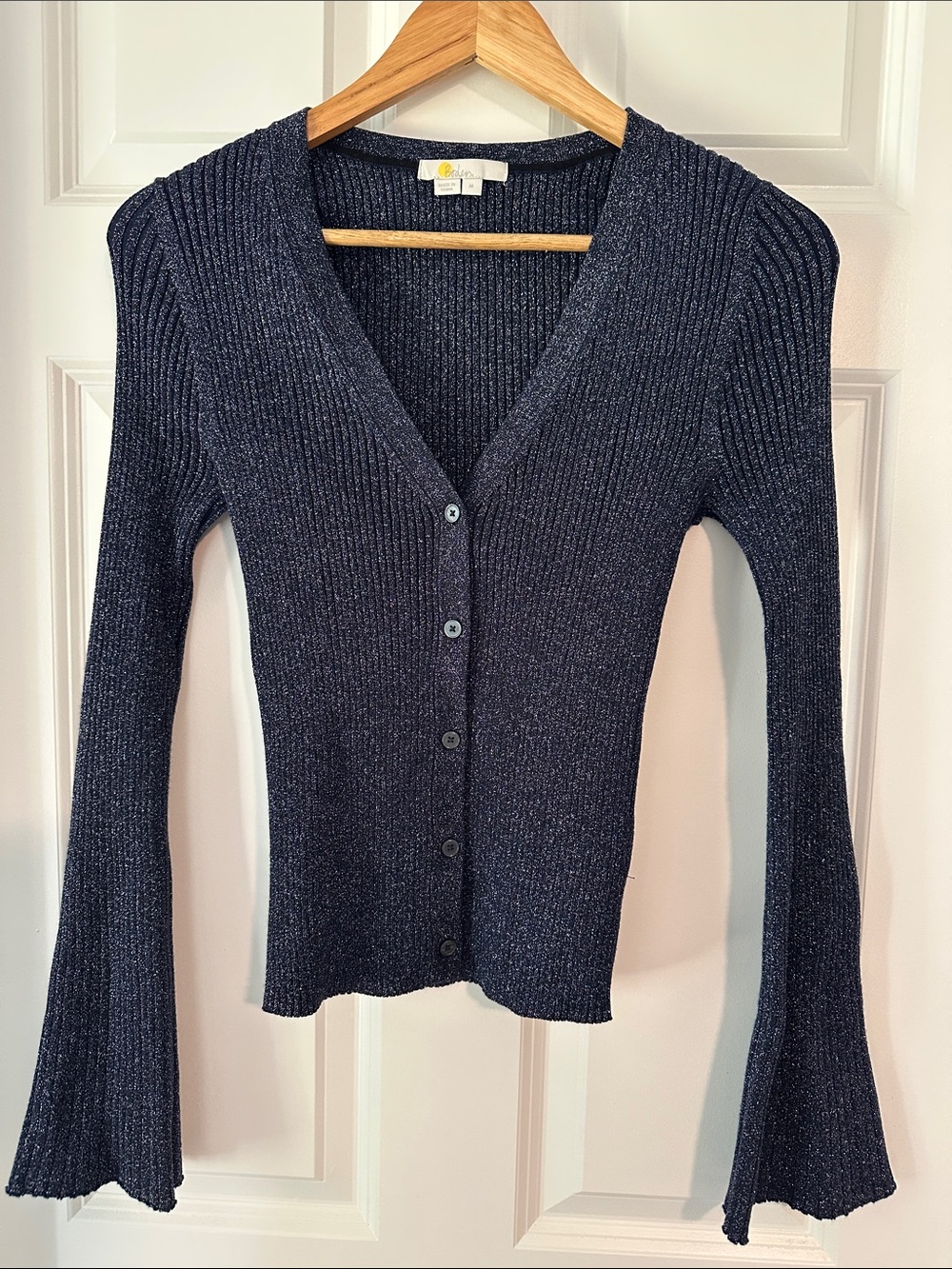 Boden Navy Metallic Ribbed V-Neck Button Cardigan